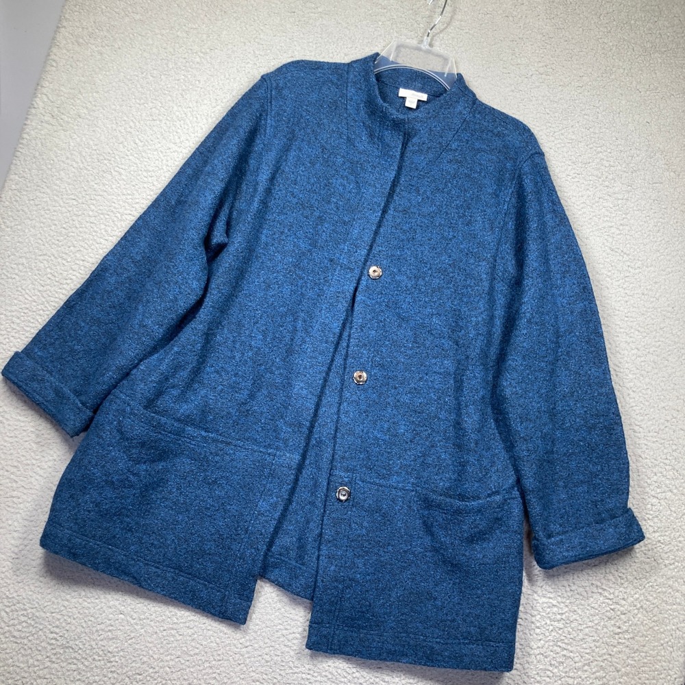 Pure Jill Cardigan Jacket Womens Large Blue Wool Blend Snap Front Mock Neck